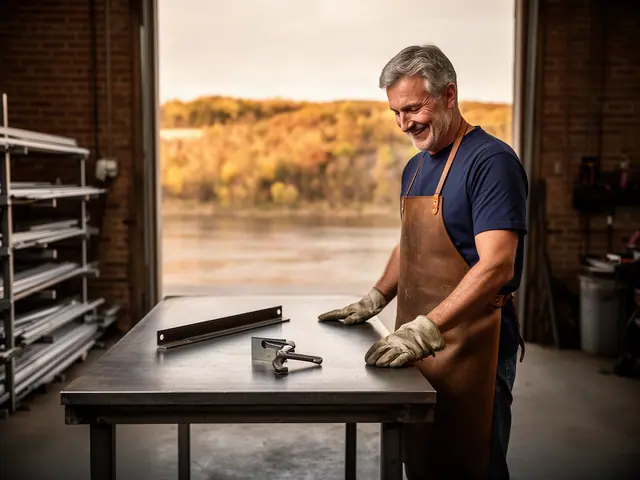 A man with short gray hair beside new equipment in a small welding and repair shop.