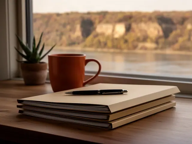 A neat stack of closed manila folders and a pen on a desk by a window.