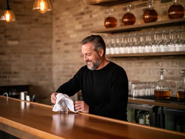 A bar owner polishing a glass behind a wooden bar.
