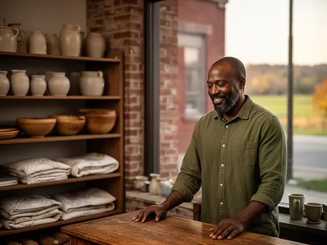 A shop owner behind the counter of a small antique and home-goods shop.