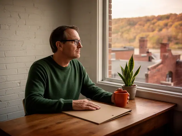 A business owner at a desk with a closed folder and an orange mug, looking out at brick rooftops and river bluffs.