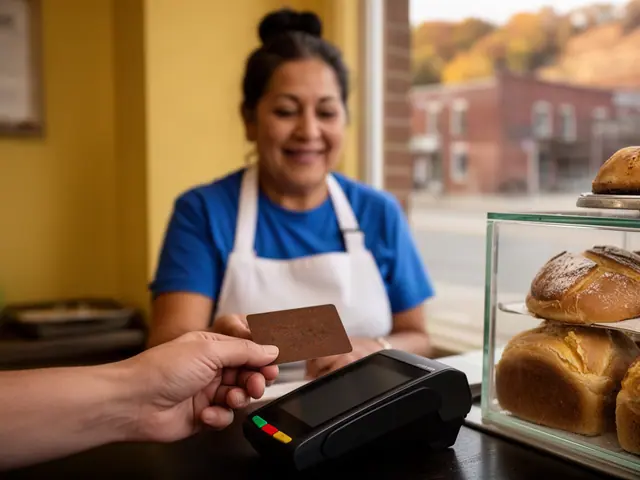 A customer taps a card on a counter terminal at a small bakery with fresh bread in a glass case.