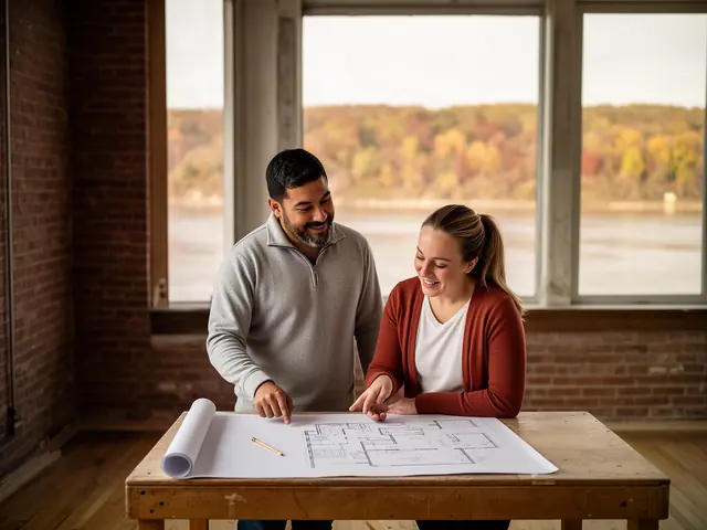 Two business partners looking over a pencil floor sketch in an empty storefront.
