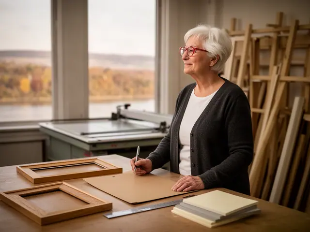 A woman with short white hair and red-framed glasses at a work table with a closed folder in a small picture-framing shop.